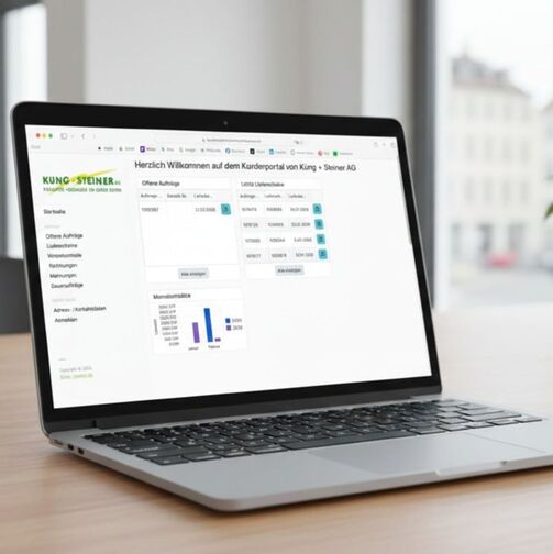 Das digitale Kundenportal der Küng + Steiner AG auf einem Laptop: Übersichtliche Verwaltung von Aufträgen, Lieferscheinen und LMV-konformer Warenkontrolle für Gastronomie-Kunden.