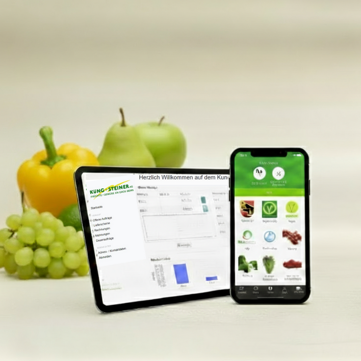 Das moderne Kundenportal und die App der Küng + Steiner AG auf einem Tablet und Smartphone: Bequemer Zugriff auf Bestellungen, Lieferscheine und küchenfertige Sortimente – jederzeit und überall in der Region Bern.